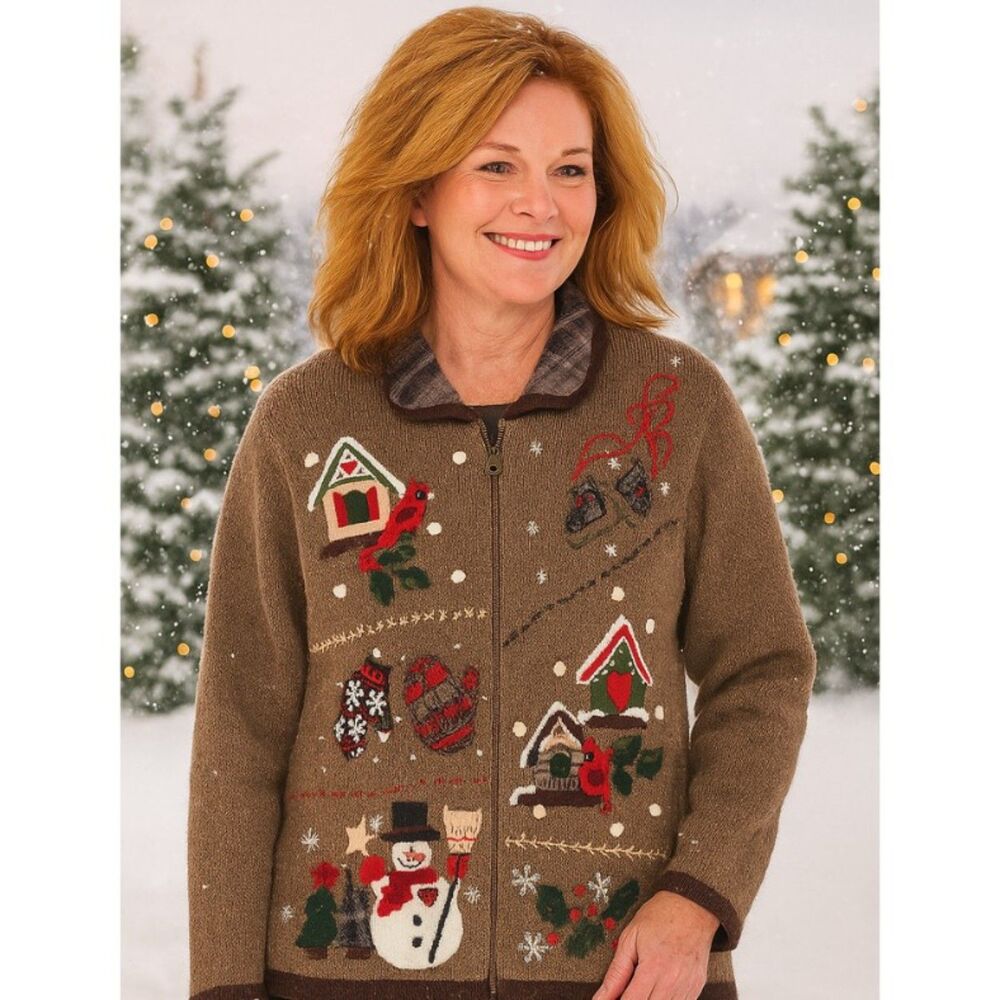 VTG Victoria Jones Ramie Wool Cardigan Womens Sz M Embroidered Patchwork Winter